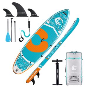 Premium SUP Board Set, Stand Up Paddling Board Aufblasbar mit Flossen, Knochleine, SUP Pump, Paddel, Sup-Rucksack, Für Erwachsene und Aller Könnensstufen, Belastbar bis 210 kg