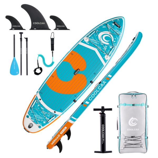 Premium SUP Board Set, Stand Up Paddling Board Aufblasbar mit Flossen, Knochleine, SUP Pump, Paddel, Sup-Rucksack, Für Erwachsene und Aller Könnensstufen, Belastbar bis 210 kg