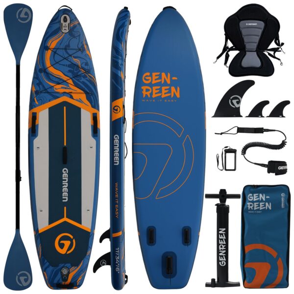 GENREEN (Extra Groß) Stand up Paddle Board für Aller Fähigkeitsniveaus, 335x86cm Aufblasbare Paddleboard für Adults mit Allem Zubehör, SUP Board mit Cam Halterung, 3 Finnen (Ocean Blue W/Kayak Seat)