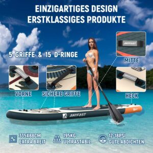ANYFAST Stand Up Paddleboard, Inflatable, 3.35m x 89cm, 204kg Capacity, Wide, Ultra Stable, Non-Slip, with Pump, Camera Mount, Kid Handle, Leash, Backpack, Accessories (Grün-Ägypten) - Image 2