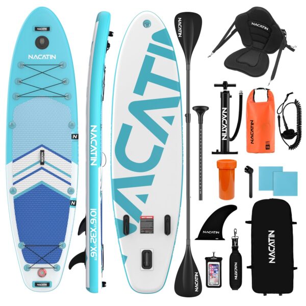 Paddleboards für Erwachsene, NACATIN Aufblasbares Stand Up Paddle Board mit 10'6" SUP Paddleboard, verstellbarem Paddel, Pumpe, Rucksack, Trockensack, ideal für alle Könnerstufen