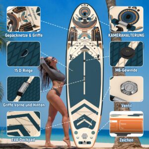 ANYFAST Stand Up Paddleboard, Inflatable, 3.35m x 89cm, 204kg Capacity, Wide, Ultra Stable, Non-Slip, with Pump, Camera Mount, Kid Handle, Leash, Backpack, Accessories (Grün-Ägypten) - Image 3