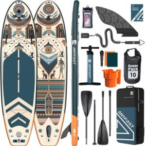 ANYFAST Stand Up Paddleboard, Inflatable, 3.35m x 89cm, 204kg Capacity, Wide, Ultra Stable, Non-Slip, with Pump, Camera Mount, Kid Handle, Leash, Backpack, Accessories (Grün-Ägypten)