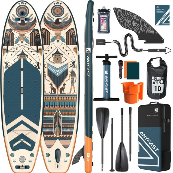ANYFAST Stand Up Paddleboard, Inflatable, 3.35m x 89cm, 204kg Capacity, Wide, Ultra Stable, Non-Slip, with Pump, Camera Mount, Kid Handle, Leash, Backpack, Accessories (Grün-Ägypten)